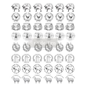 May include: A sheet of black and white vintage style illustrations featuring farm animals, jars of milk, and wreaths. The illustrations include a cow, a horse, a chicken, a bee, a rabbit, a sheep, and a jar of milk. The text on the illustrations includes "Farm Fresh Milk", "Sinclair's Horse Show", and "Reclaimed Alphabets".