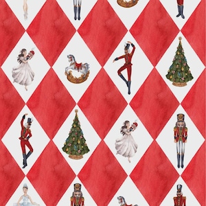 May include: A repeating pattern featuring a red and white diamond background with watercolor illustrations of nutcrackers, ballerinas in white dresses, rocking horses, and decorated Christmas trees arranged in a grid-like layout.