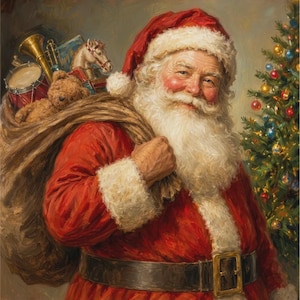 May include: A painting of Santa Claus with a white beard wearing a red suit with white fur trim and a black belt. He carries a large brown sack filled with toys, including a drum, a trumpet, a teddy bear, and a toy horse, near a decorated tree.