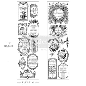 May include: Black and white decorative transfer sheet featuring vintage-style labels and ornate frames. The sheet measures 11.5 inches (29.2 cm) in height and 3.25 inches (8.2 cm) in width. Designs include botanical illustrations, a horse, and the text "Eau de Cologne".