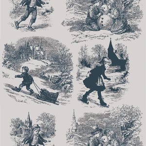 May include: A collection of six vintage-style black and white illustrations depicting winter scenes. The images feature children ice skating, pulling a wooden sled through the snow, and building a snowman in front of a church and rural buildings.