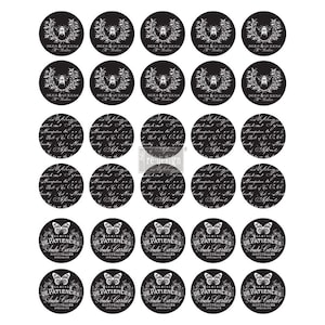 May include: A set of 24 black and white round stickers with various designs. The designs include bees, butterflies, and text. The text includes "Bees & Queens", "Glaces de Patience", and "Andre Cartier Specialite".