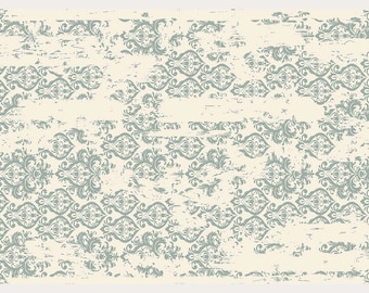 May include: A distressed, vintage-style background with a repeating pattern of intricate, light blue floral designs on a cream background.