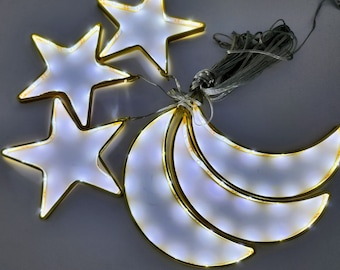 Eid Ramadan Star Moon LED String Lights: White Glow, Metal Frame