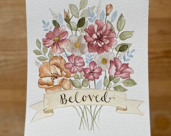 Original Hand Painted Floral Watercolour Artwork with ‘Beloved’