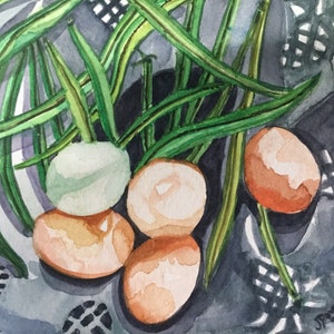 Watercolor Painting  &quot;Fresh Green Beans&quot; eggs kitchen art wall decor
