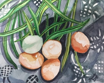 Watercolor Painting  "Fresh Green Beans" eggs kitchen art wall decor