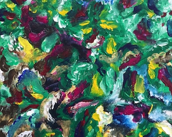 Könnte beinhalten: Abstraktes Gemälde mit einer Mischung aus grüner, gelber, blauer, weißer und roter Farbe. Die Farbe ist in dicken Strichen aufgetragen, wodurch eine strukturierte Oberfläche entsteht.