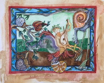Medieval Watercolor Painting "Under The Sea" Fine Art Wal Decor