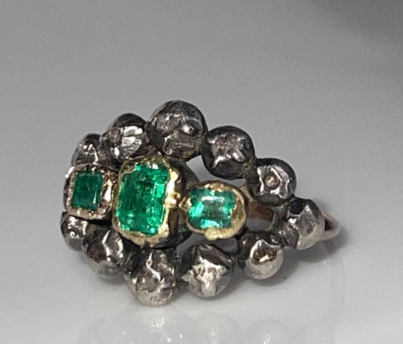 Emerald Ring Antique Rare Spanish Colonial Iberian Emerald Ring 18K Iberian Emerald Engagement Ring Georgian Rose Cut Diamond Spain