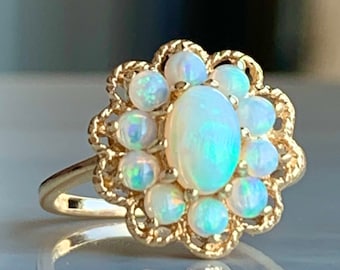 Opal Ring Australian Genuine Natural Opal Halo Engagement Ring 14K Yellow Gold Opal Ladies Rings Vintage Jewelry Gift for Wife