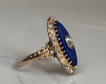 French Georgian Ring Baggies Au Firmament Rose Cut Diamond Seed Pearl Pearl Lapis Lazuli 18K Gold Ring Celestial Night Sky Engagement Ring