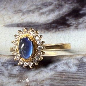 Sapphire Ring 14K Cabochon Sapphire Ring Diamond Halo Ring 14K Natural Sapphire Engagement Ring 14K Gold Ring Birthstone Gift For Her