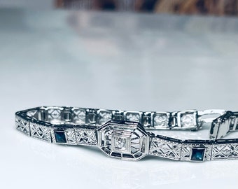 Art Deco Diamond Bracelet 14K White Gold Filigree 1920s Sapphire Bracelet Genuine Old European Cut Diamond Wedding Bracelet Bridal Jewelry