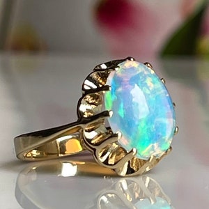 Opal Ring 14K Gold Stunning Genuine Natural Opal Engagement Ring 14K Yellow Gold Opal Mid Century Modern Rings Vintage Jewelry Gift for Wife