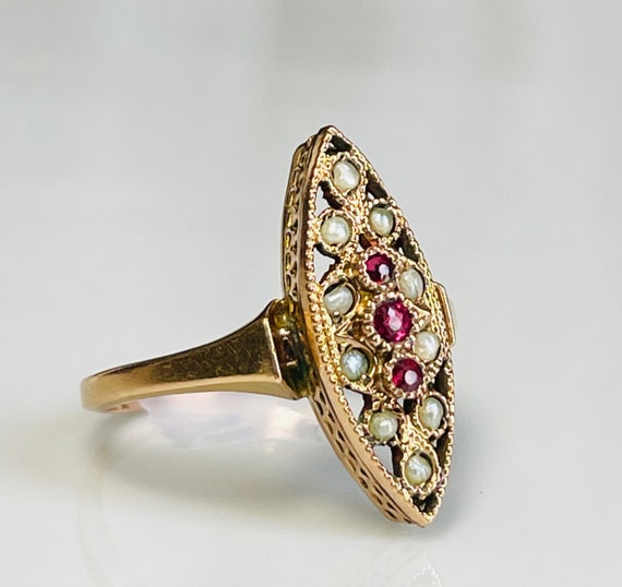 French Garnet Seed Pearl Ring 14k "FIX" Rolled Go… - image 1