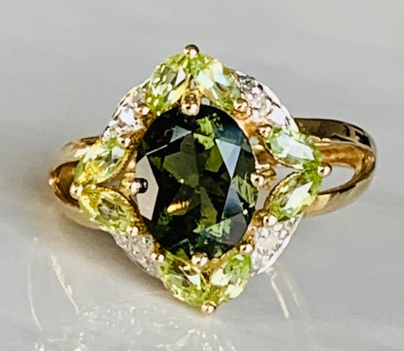 Green Tourmaline Peridot Ring Diamond Halo Peridot