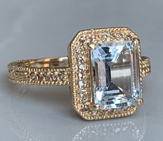 Aquamarine Ring 14k Gold Diamond Emerald Cut Aquam