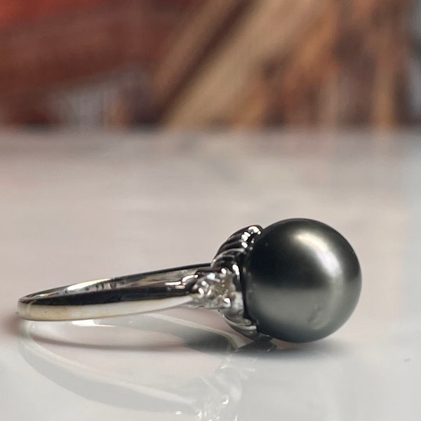 Black Tahitian Pearl Engagement Ring 14k Diamond Pearl Engagement Ring Maui Black Pearl Ring Vintage Engagement Ring Anniversary Gift