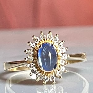 Cabochon Sapphire Ring Diamond Halo Ring 14K Natural Sapphire Engagement Ring 14K Gold Diamond Anniversary Ring Birthstone Gift For Her