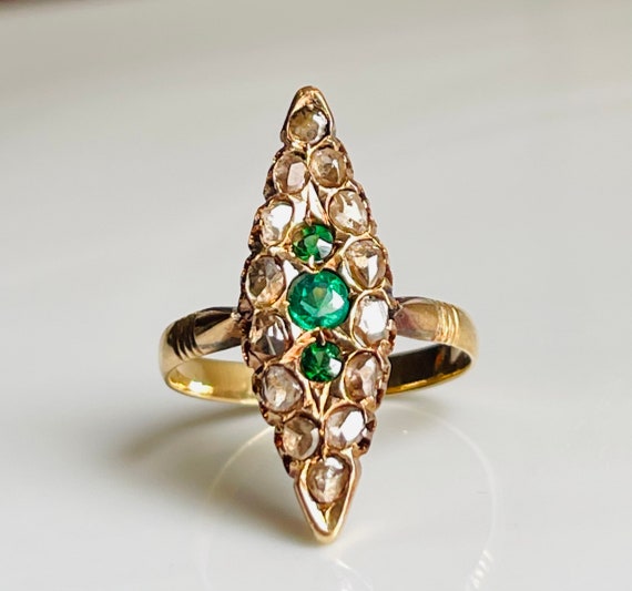 French Ring 18k Rose Cut Diamond Green Garnet Ring