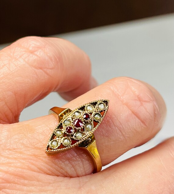 French Garnet Seed Pearl Ring 14k "FIX" Rolled Go… - image 4