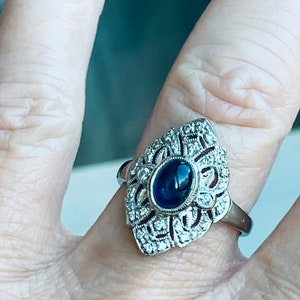 Saffierring 18k art-deco diamanten saffier cabochonring Vintage schild verlovingsring 18k witgoud Amazing saffierring