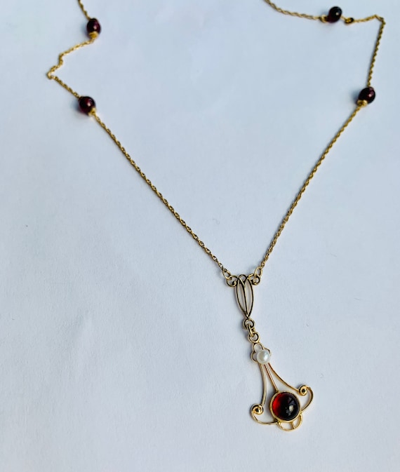 Garnet Necklace Art Nouveau Garnet Necklace 14K G… - image 2