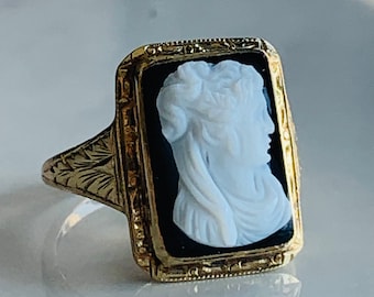 Viktoriansk kameoring med hård sten från 1800-talet, svart kameoring, 10k guldring, antik kameoring, antika ringar för damer