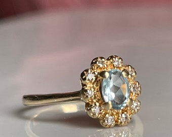 Aquamarine Ring 14K Diamond Engagement Ring 14k Gold Diamond Halo Aquamarine Engagement Ring Blue Aquamarine Jewelry Birthday Gift for Her