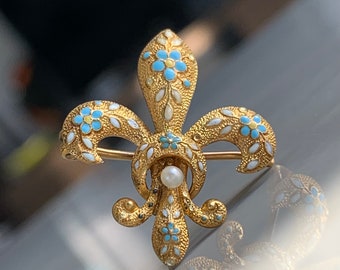 French Pendant 14k Art Nouveau Fleur De Lis Blue Enamel Pearl Brooch Fleur DeLys Pendant French Enamel Forget Me Not Jewelry Gift for Her