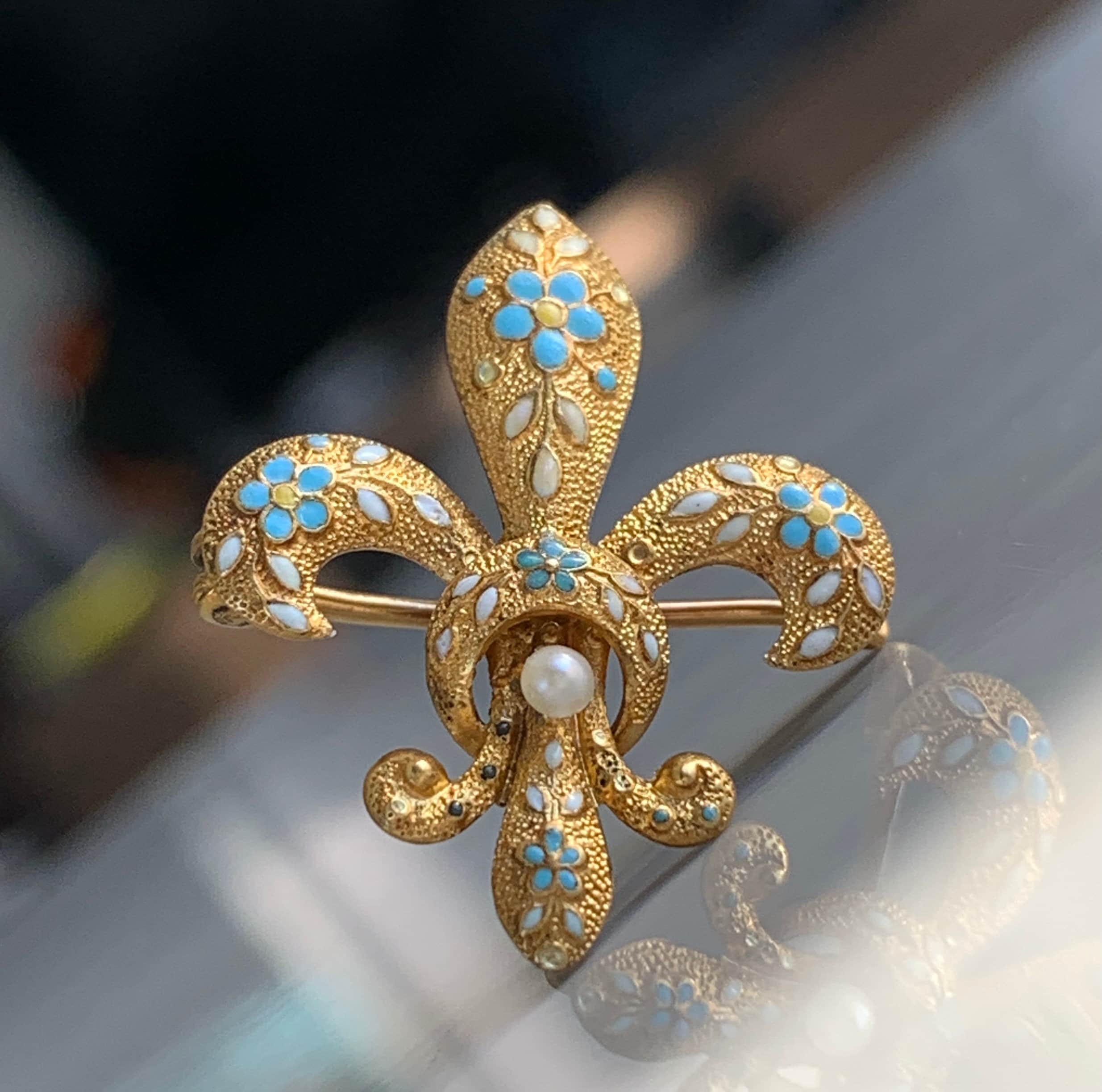 French Pendant 14k Art Nouveau Fleur De Lis Blue Enamel Pearl
