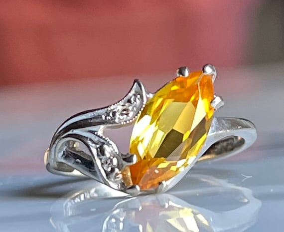 Yellow Sapphire Ring Art Deco Engagement Ring 10k Lab Sapphire