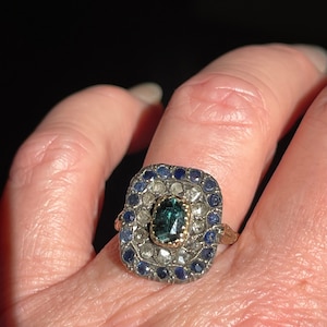Sapphire Ring 18K Victorian Blue Green Sapphire Engagement Ring Natural Cushion Rose Cut Diamond Jardiniere Ring Antique Rome Italy Italian