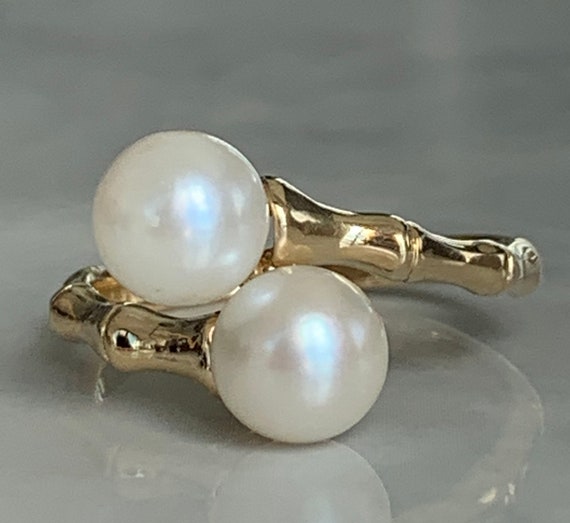 Bamboo Pearl Ring 14k Gold Pearl Bypass Engagemen… - image 1