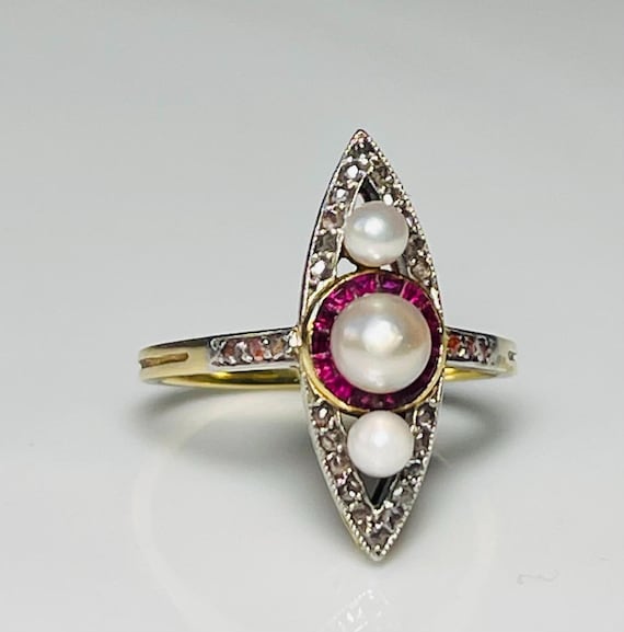 French Pearl Ruby Ring 18K French Art Deco Engagement Ring Natural Pearl Ring Rose Cut Diamond 18K Platinum Pink Diamond Paris France Rings