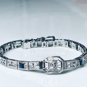 Art Deco Diamond Bracelet 14K White Gold Filigree 1920s Sapphire Bracelet Genuine Old European Cut Diamond Wedding Bracelet Bridal Jewelry