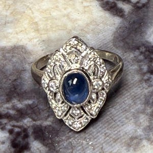 Sapphire Ring 18k Art Deco Diamond Sapphire Cabochon Ring Vintage Shield Engagement Ring 18k White Gold Amazing Sapphire Ring