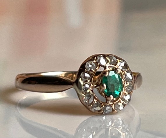 Emerald Ring Victorian Rose Cut Diamond Emerald R… - image 1