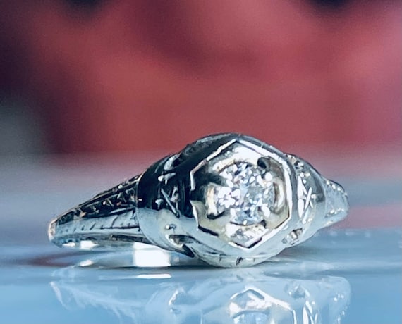 Old European Cut Diamond Engagement Ring 18K Whit… - image 1