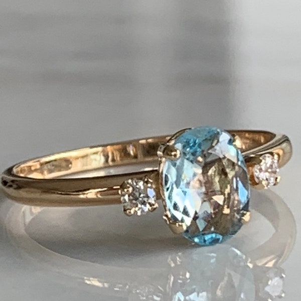 Aquamarine ring 14k Gold Diamond Aquamarine Engagement Ring Three Stone Aquamarine Jewelry Birthday Gifts
