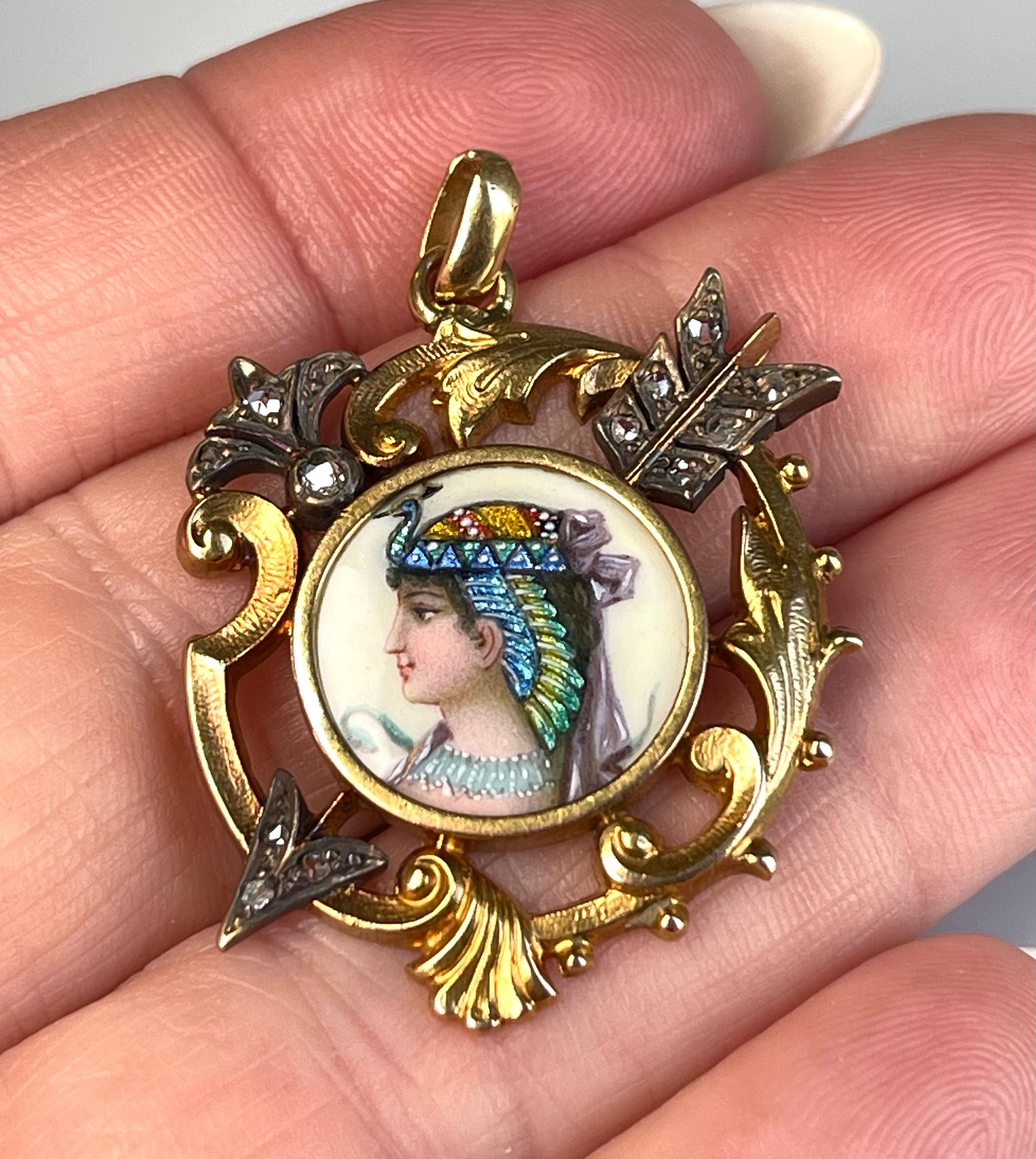 French Beaux Arts Pendant Antique Egyptian Revival Cleopatra Pendant 18k Gold Rose Cut Diamond Art Nouveau Enamel Limoges Peacock Snake