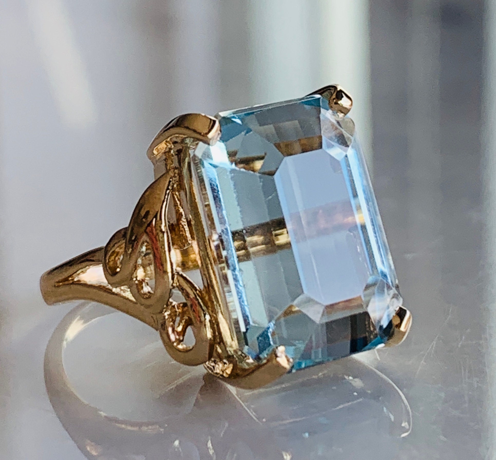 Aquamarine Ring 10 Carat Emerald Cut Engagement Ring Wave | Etsy