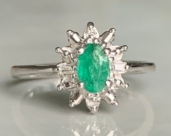 Emerald Diamond Ring 1 Carat Emerald Engagement Ring 14k Art Deco Vintage Diamond Colombian Emerald Ring