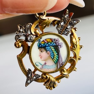 French Beaux Arts Pendant Antique Egyptian Revival Cleopatra Pendant 18k Gold Rose Cut Diamond Art Nouveau Enamel Limoges Peacock Snake