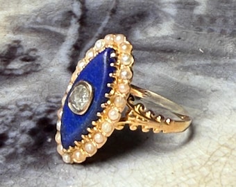 French Georgian Ring Baggies Au Firmament Rose Cut Diamond Seed Pearl Pearl Lapis Lazuli 18K Gold Ring Celestial Night Sky Engagement Ring