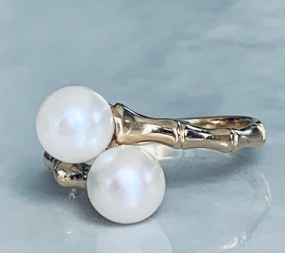 Bamboo Pearl Ring 14k Gold Pearl Bypass Engagemen… - image 3