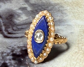 French Georgian Ring Baggies Au Firmament Rose Cut Diamond Seed Pearl Pearl Lapis Lazuli 18K Gold Ring Celestial Night Sky Engagement Ring