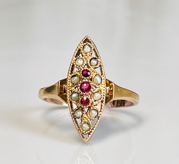 French Garnet Seed Pearl Ring 14k "FIX" Rolled Go… - image 2