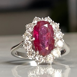 Ruby Ring 4 Carat Old European Cut Diamond 18k 1920s Cushion Cut Ruby Engagement Diamond Halo Vintage Natural Ruby Ring Gift for Her